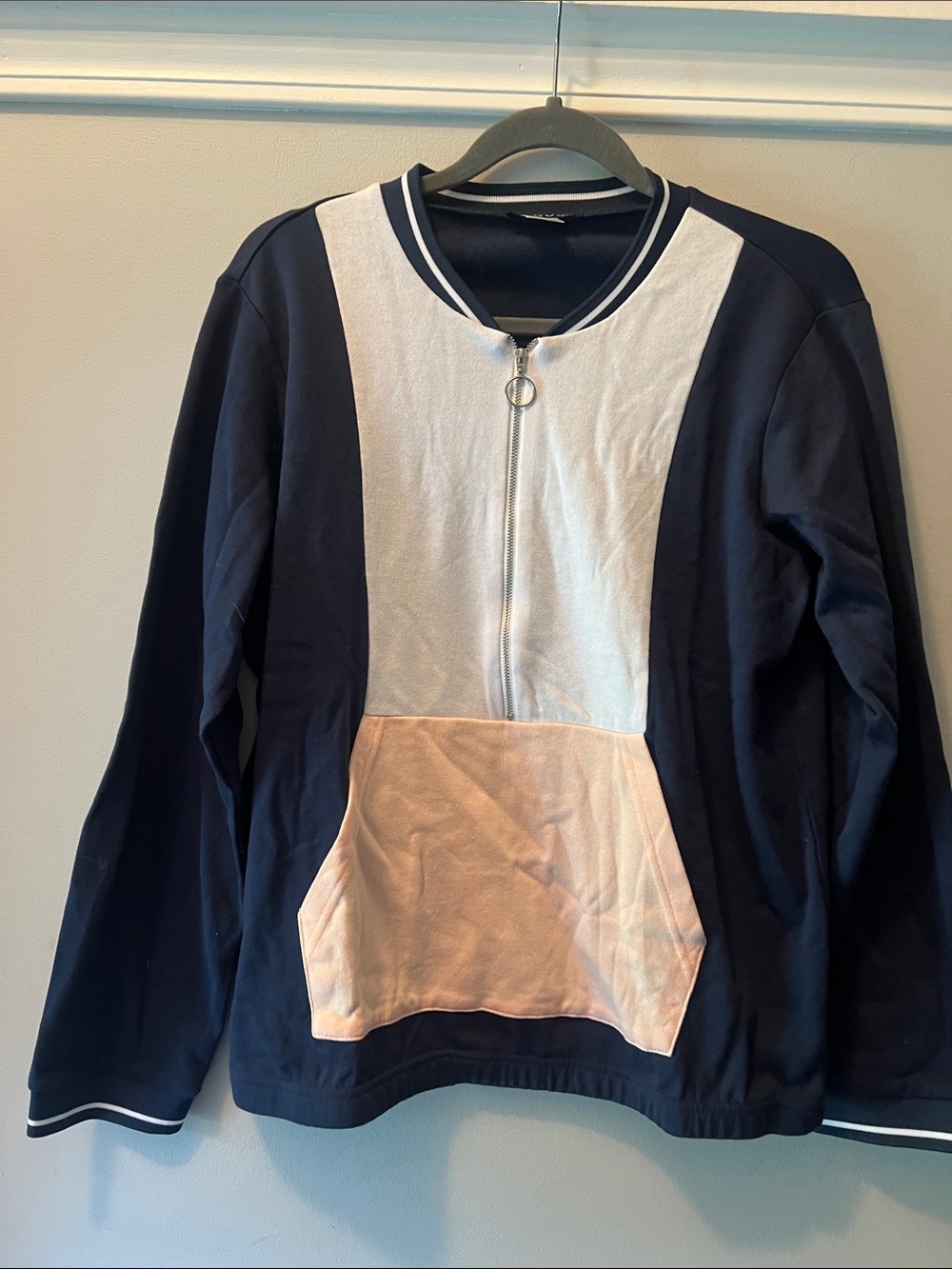 VENUS Navy, White & Light Pink Colorblock Zip-Front Pullover Hoodie